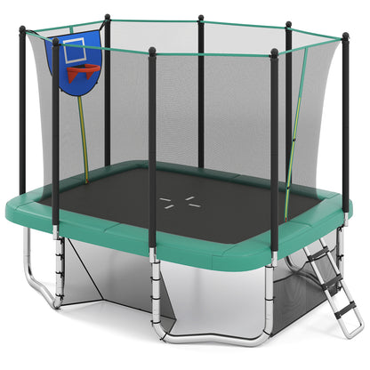 Rectangle Outdoor Trampoline with green frame and safety net, including a basketball hoop