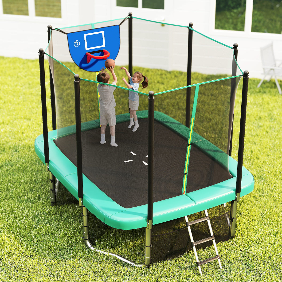 Two children playing basketball on the green rectangle outdoor trampoline in a grassy backyard