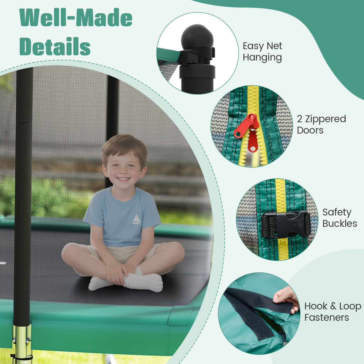 Close up of a smiling boy on the green rectangle outdoor trampoline, showing details of the net and doors