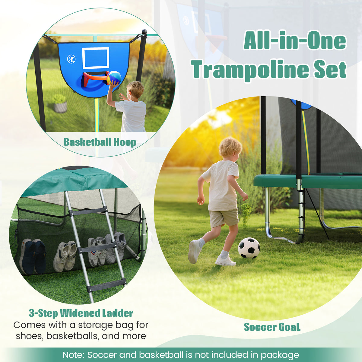 Green rectangle outdoor trampoline set with basketball hoop and soccer goal accessories