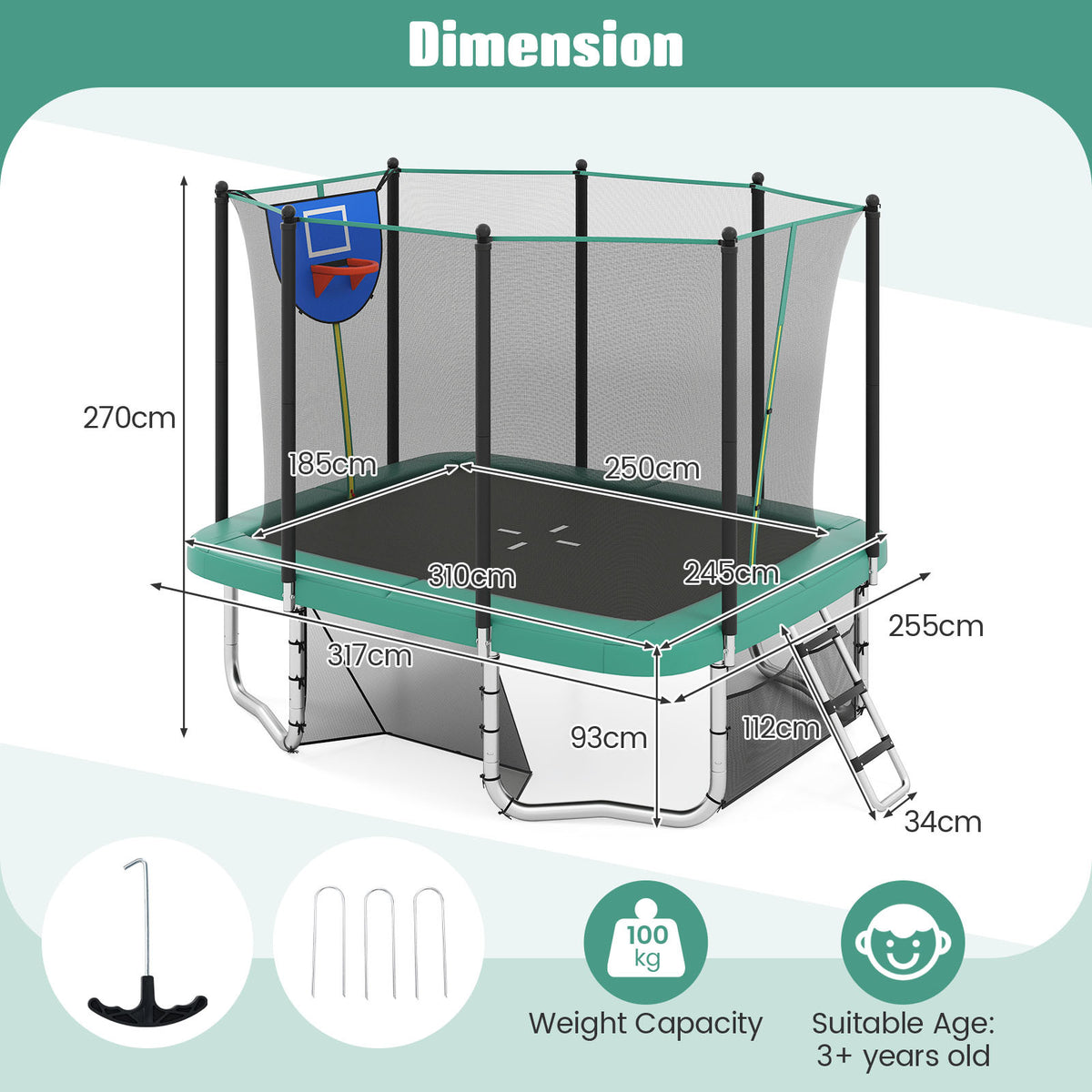 Dimension diagram for the green rectangle outdoor trampoline showing measurements and weight capacity