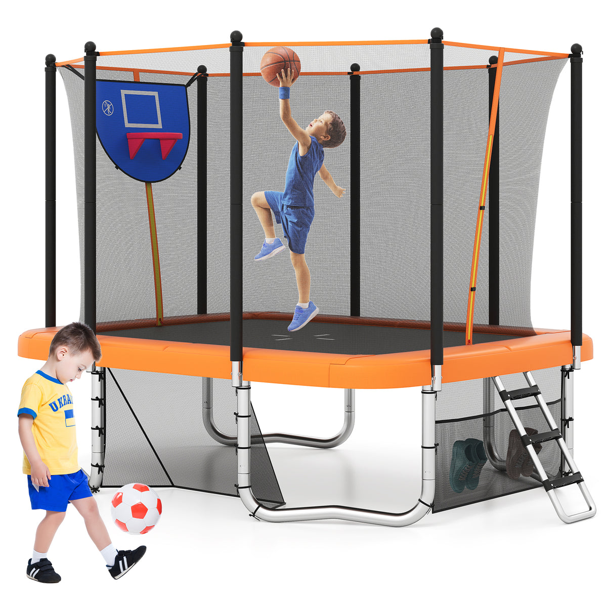 The garden trampoline featuring a boy playing football and another child shooting a basketball