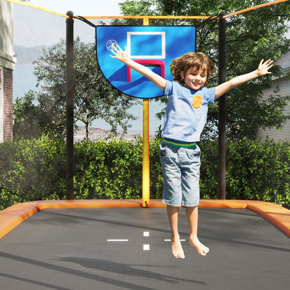 The outdoor trampoline with a happy child jumping high inside the safety enclosure