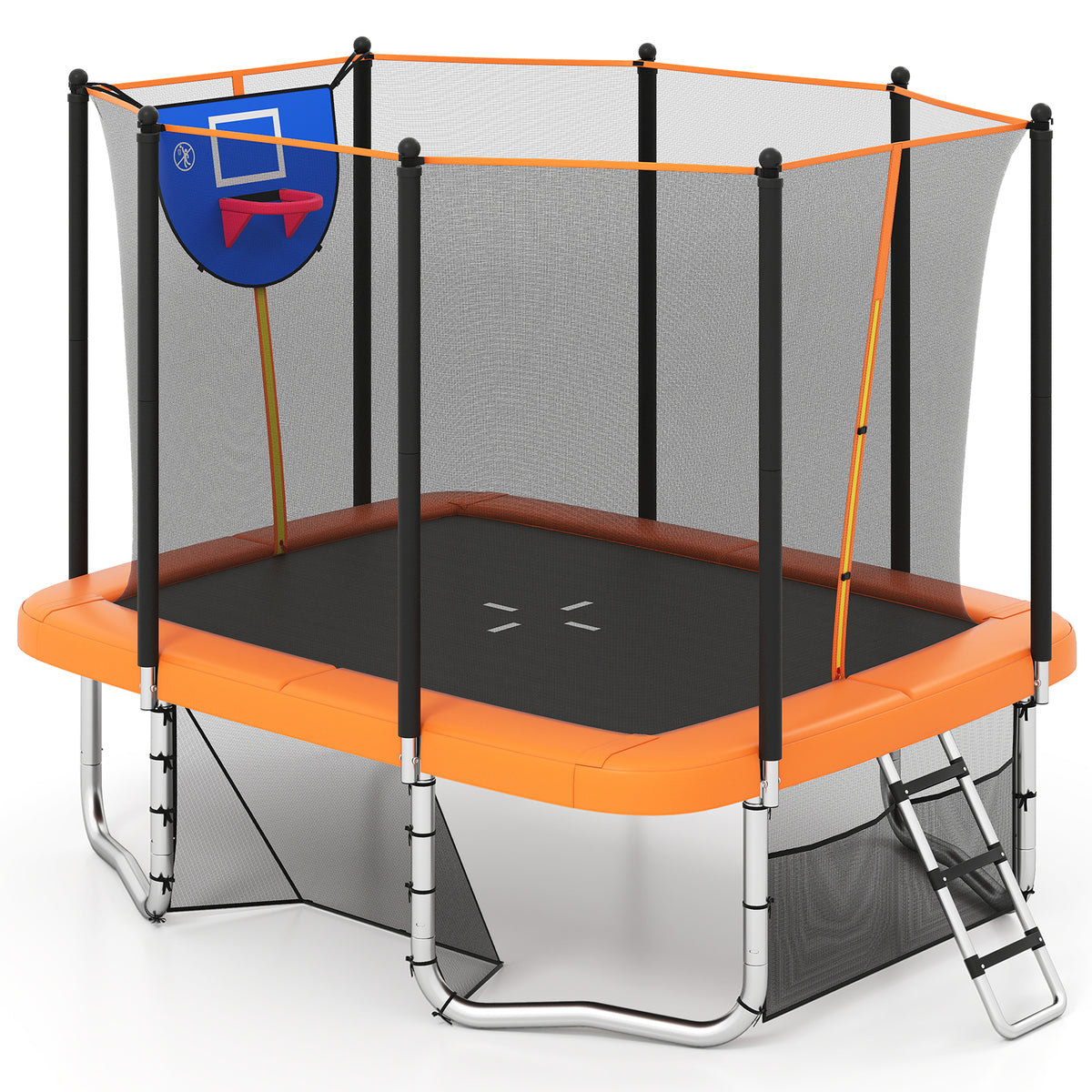 The outdoor trampoline viewed from a high angle showing the orange frame and black net