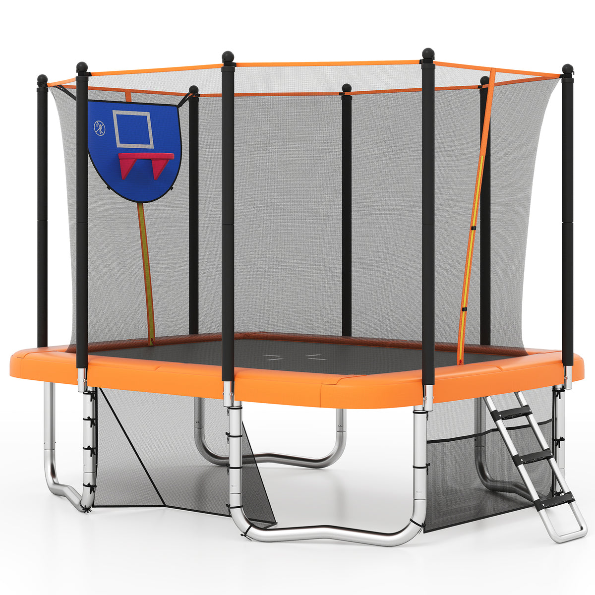 Rectangle Outdoor Trampoline with safety net, basketball hoop and ladder on a white background