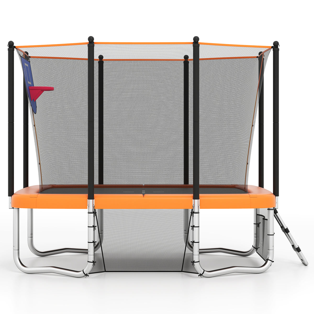 The garden trampoline seen from the side with the ladder attached to the orange frame