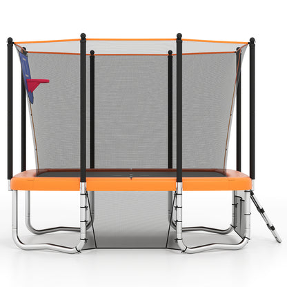 The garden trampoline seen from the side with the ladder attached to the orange frame