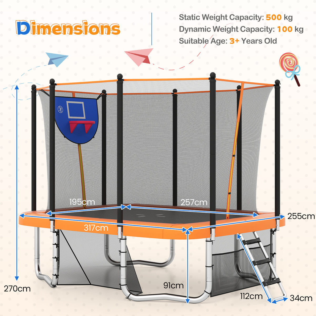 The backyard trampoline showing technical measurements and weight capacity details