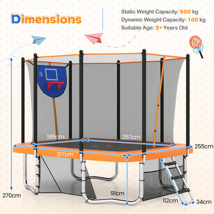 The backyard trampoline showing technical measurements and weight capacity details