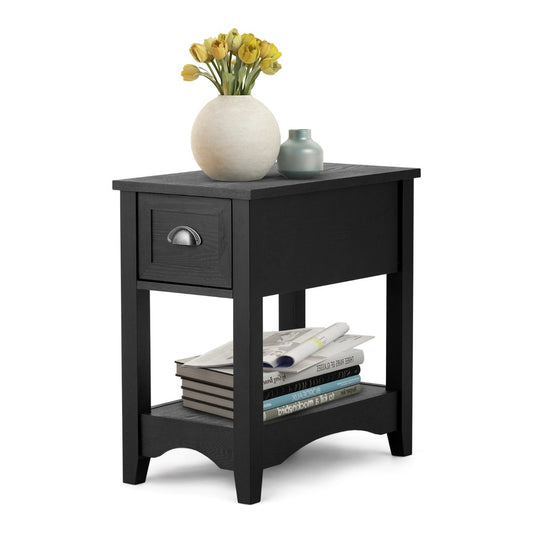 Rectangular Nightstand with one drawer and one open shelf, shown in black