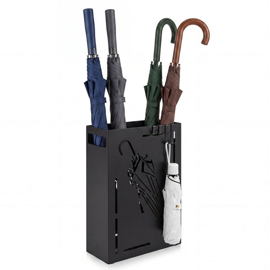 Rectangular Umbrella Holder Rack with Removable Drip Tray in black, holding four umbrellas