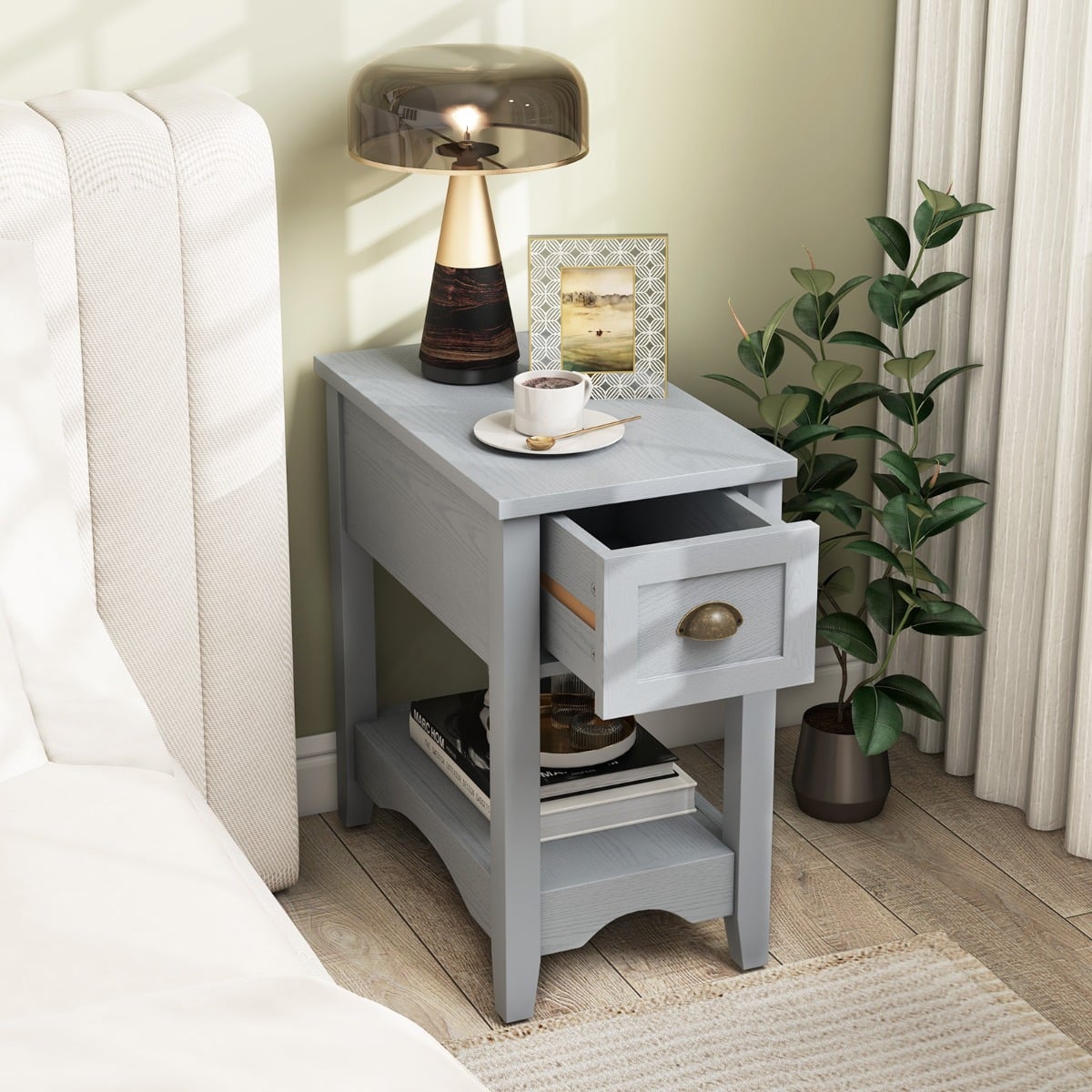 Rectangular Nightstand with 1 Drawer 1 Storing Shelf and 4 Solid Rubber wood Legs-Grey
