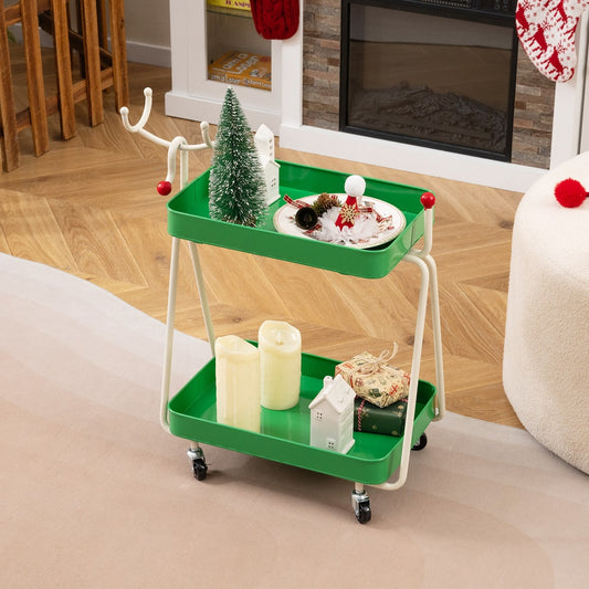 The Christmas rolling cart in a room setting with festive decorations on the shelves