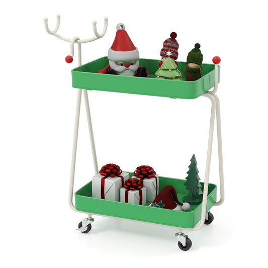 Reindeer Side Table 2-Tier Christmas Rolling Cart with metal frame and wheels in green, decorated for Christmas