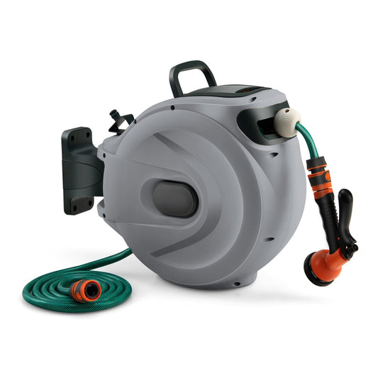 Retractable Garden Hose Reel mounted on a wall with hose extended