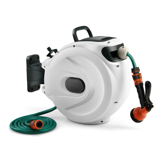 Retractable Garden Hose Reel in white with a green hose attached and a spray nozzle