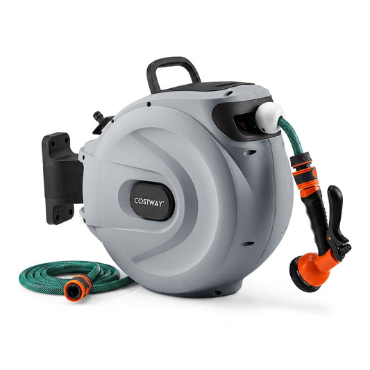 Retractable Garden Hose Reel grey wall mount with hose and spray gun attached