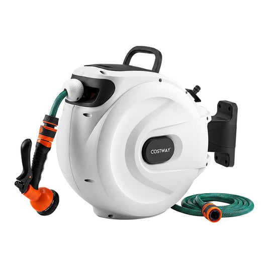 Retractable Garden Hose Reel with wall mount and spray nozzle attached