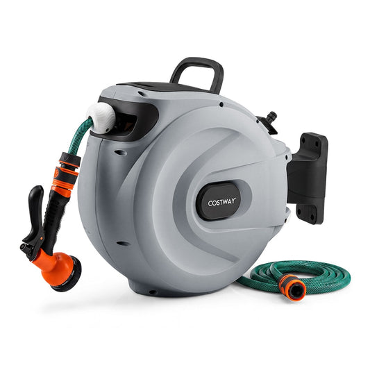 Retractable Garden Hose Reel grey wall mount with hose and spray gun attached