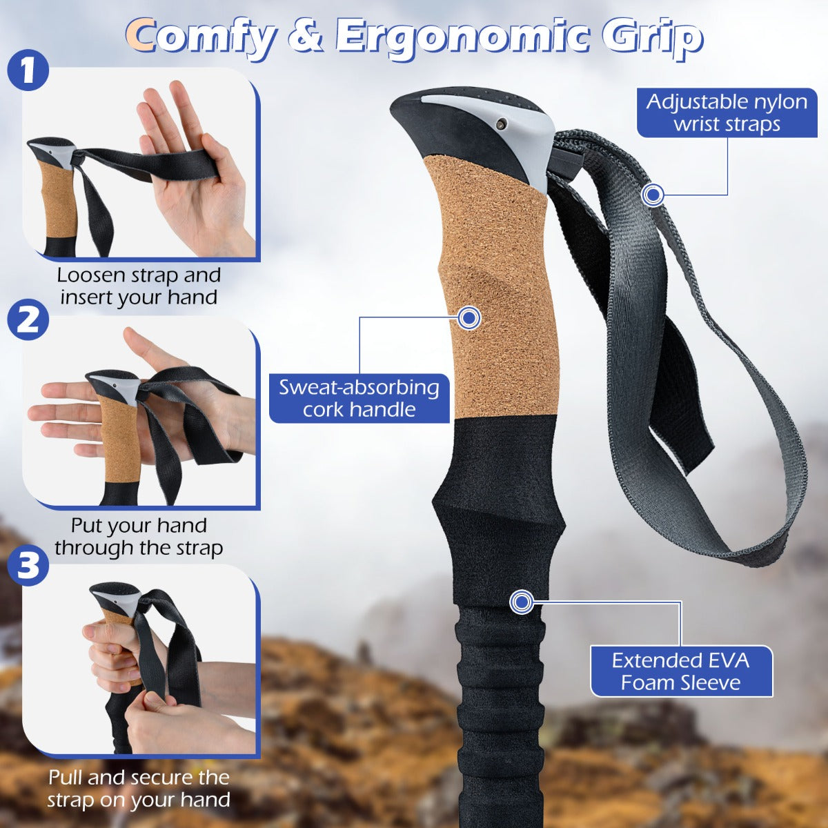 Close up of the blue camping poles showing the cork grip and strap adjustment