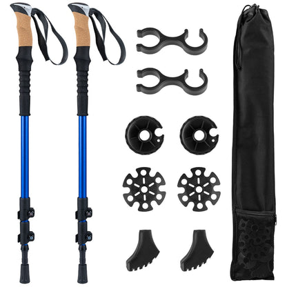 Retractable Hiking Poles Pair of 2 with EVA and Natural Cork Grips-Blue, showing the poles and all accessories