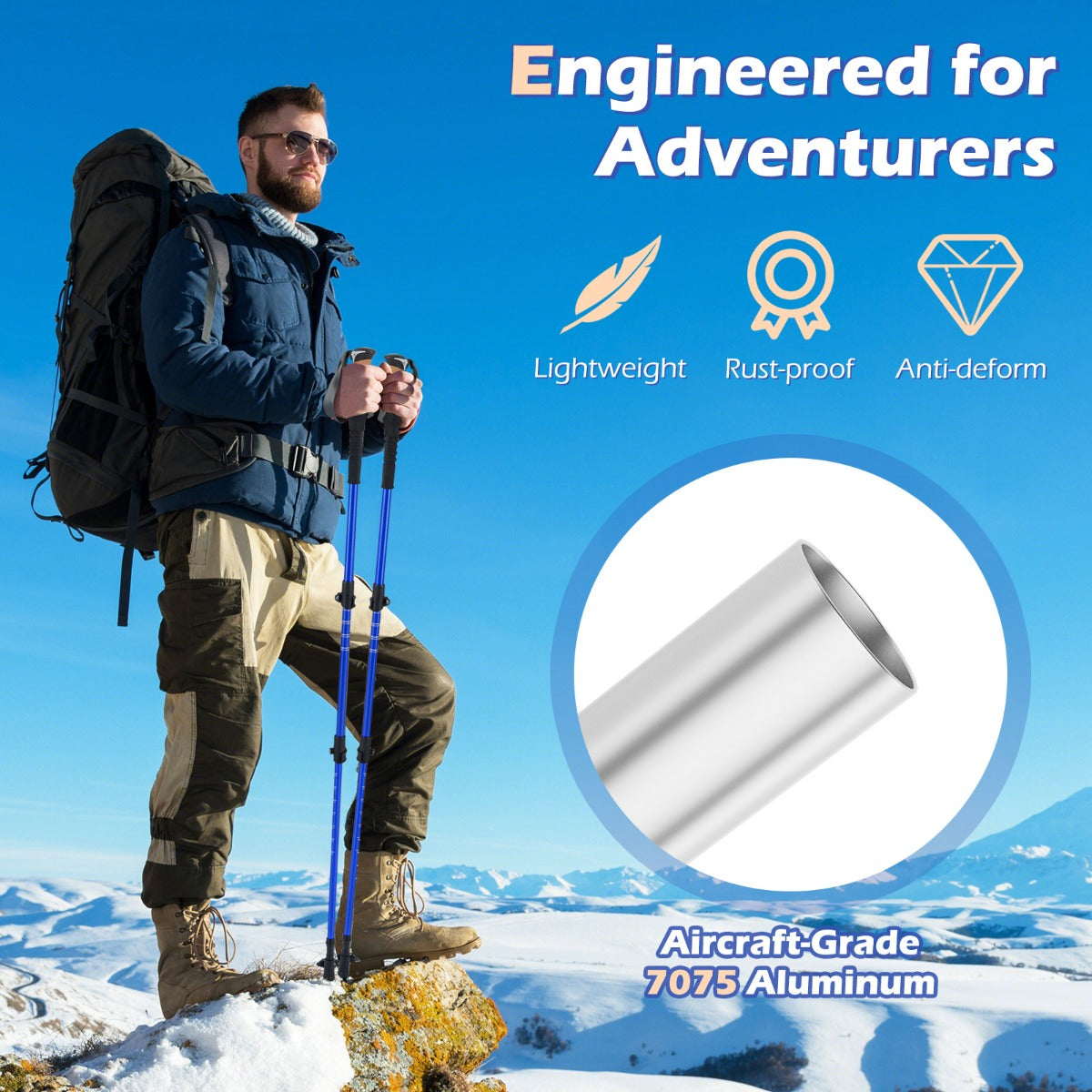 Close up of the blue camping poles showing the aluminium shaft