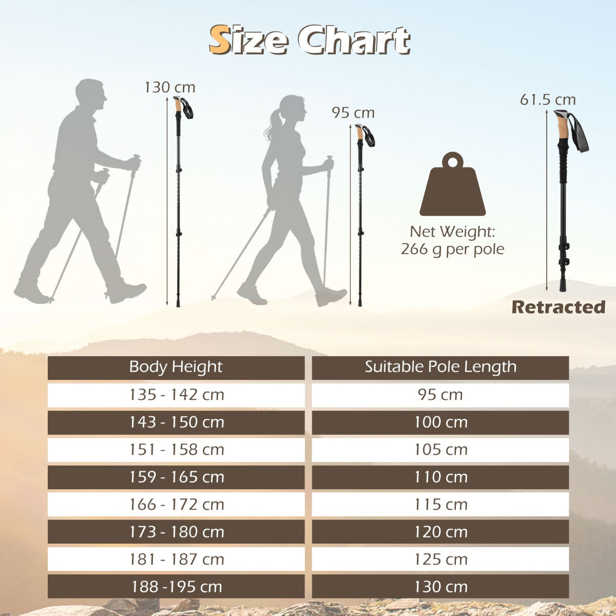 Size chart showing body height and suitable pole length for the camping poles