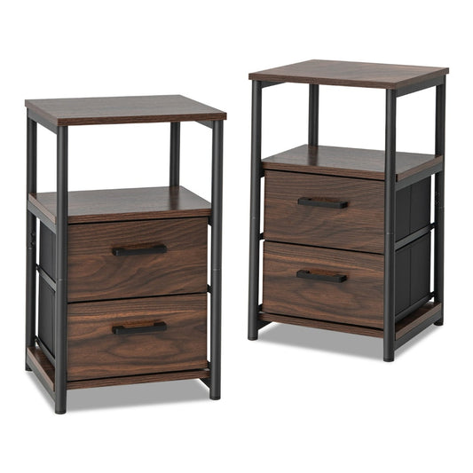 Retro Nightstand Set of 2 Metal Frame Bedside Table-Walnut-Set of 2 showing two tables side by side