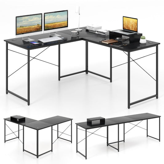 Reversible Corner Study Workstation and Writing Desk with Monitor Stand-Black in L-shape with two monitors