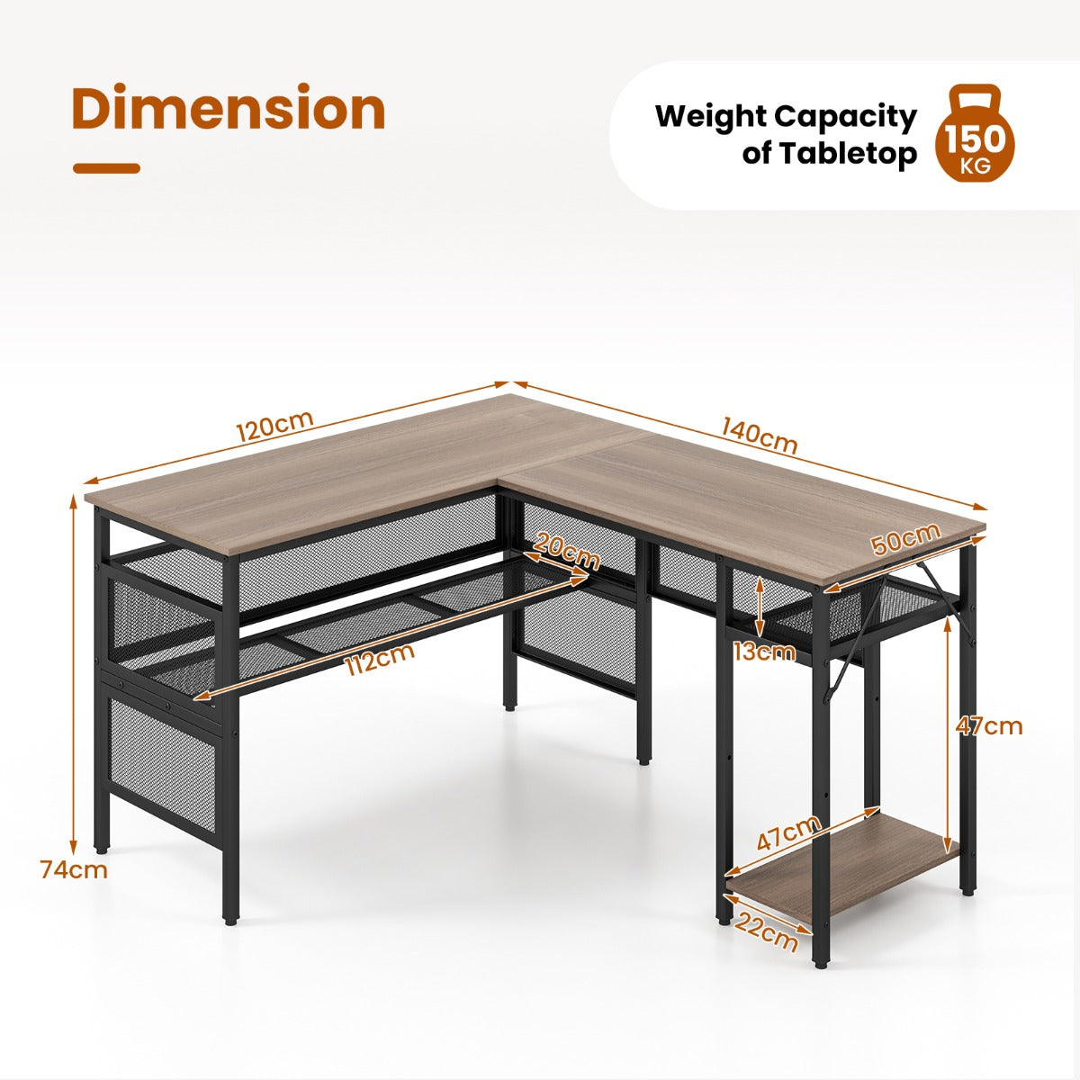 140 x 120cm Reversible L-Shaped Computer Desk with CPU Stand-Grey