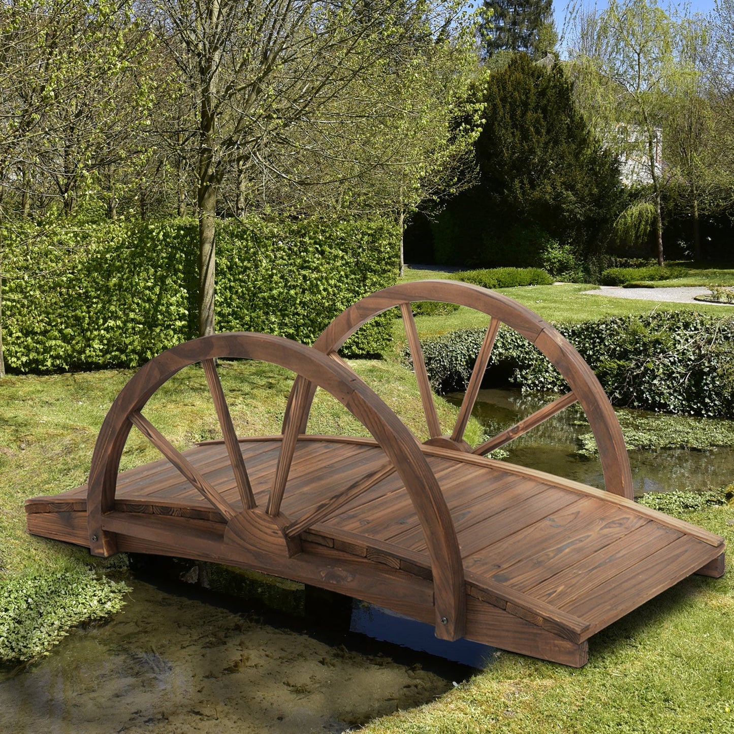 Outsunny Wooden Garden Bridge Lawn Decor Stained Finish Arc Outdoor Pond Walkway Yard Decoration Half Wheeled Railings 100L x 50W x 37Hcm