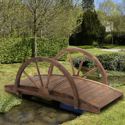 Outsunny Wooden Garden Bridge Lawn Decor Stained Finish Arc Outdoor Pond Walkway Yard Decoration Half Wheeled Railings 100L x 50W x 37Hcm