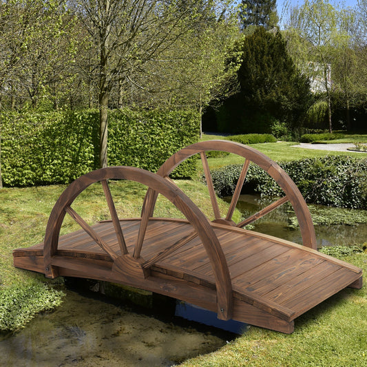 Outsunny Wooden Garden Bridge Lawn Decor Stained Finish Arc Outdoor Pond Walkway Yard Decoration Half Wheeled Railings 100L x 50W x 37Hcm