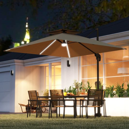 مظلة كابولي أوتساني 2.5 متر مع أضواء LED تعمل بالطاقة الشمسية، دوران 360 درجة، تعديل الإمالة، مقبض ذراع التدوير، كاكي