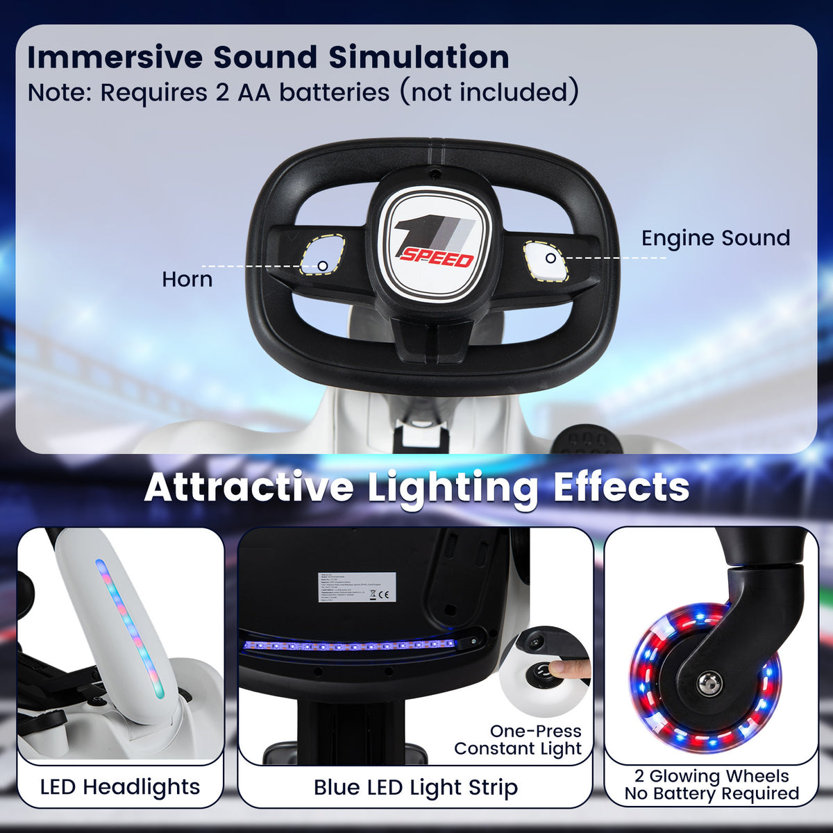The kids electric car steering wheel and light features with text explaining sound and LEDs