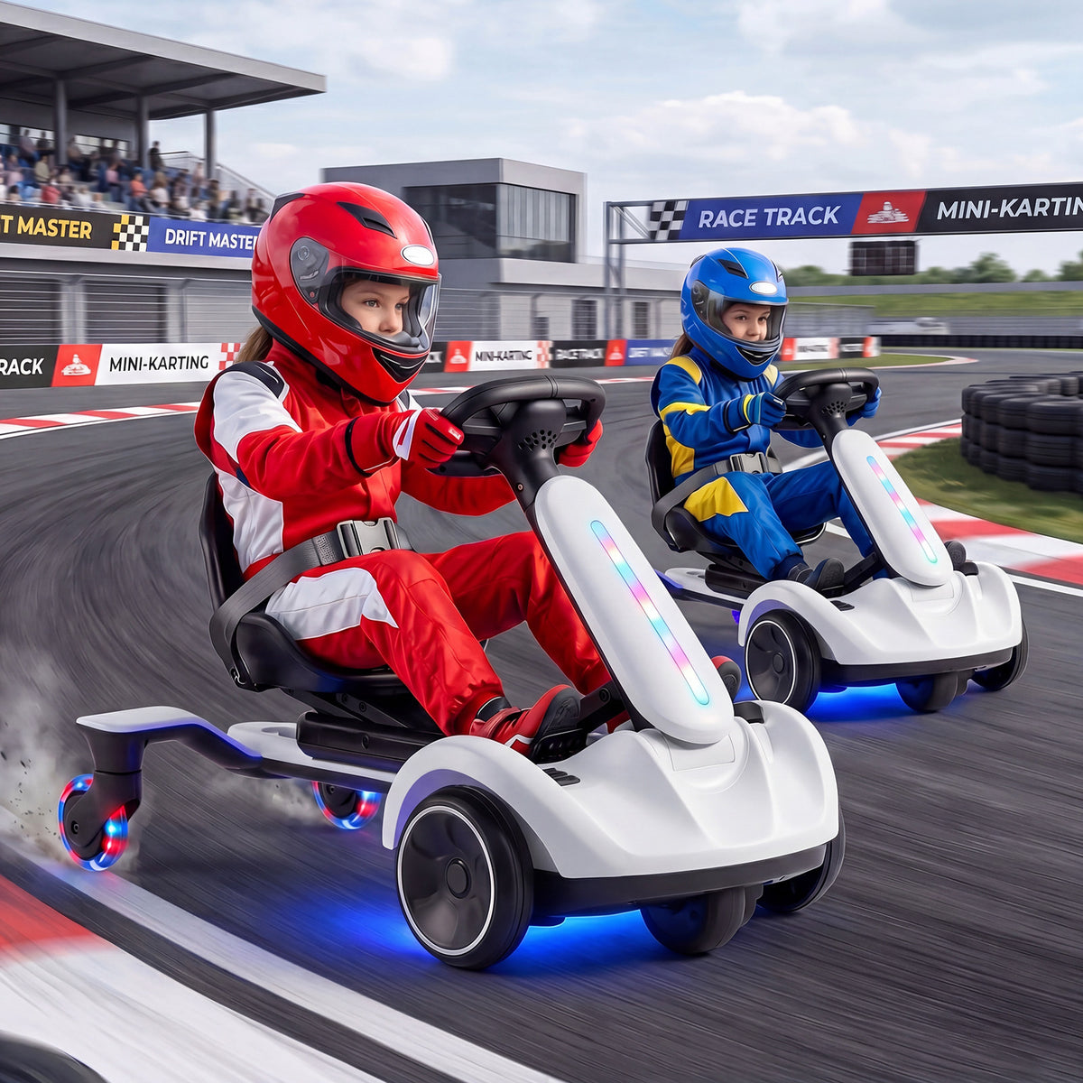 Ride on Drift Car, two children in racing suits driving the kids electric cars on a professional outdoor race track
