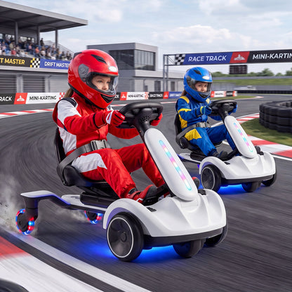 Ride on Drift Car, two children in racing suits driving the kids electric cars on a professional outdoor race track