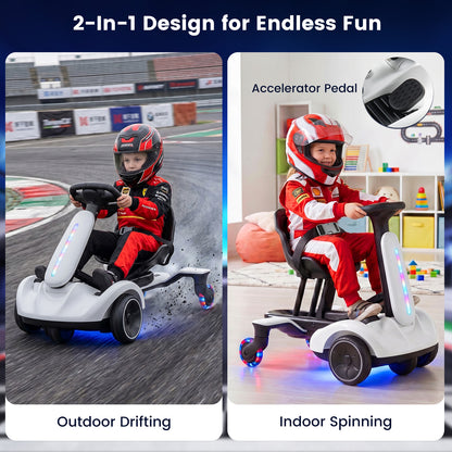 Ride on Drift Car, the kids electric car being used for outdoor racing and indoor play in a childs bedroom