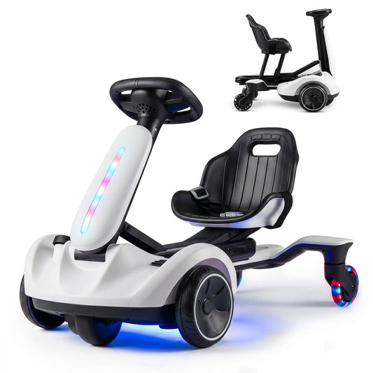 Ride on Drift Car in white with a black seat and glowing LED lights on a plain white background