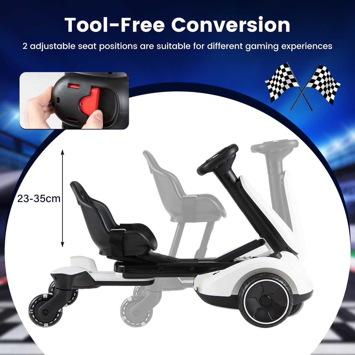 The kids electric car showing the adjustable seat mechanism with a hand moving the red lever