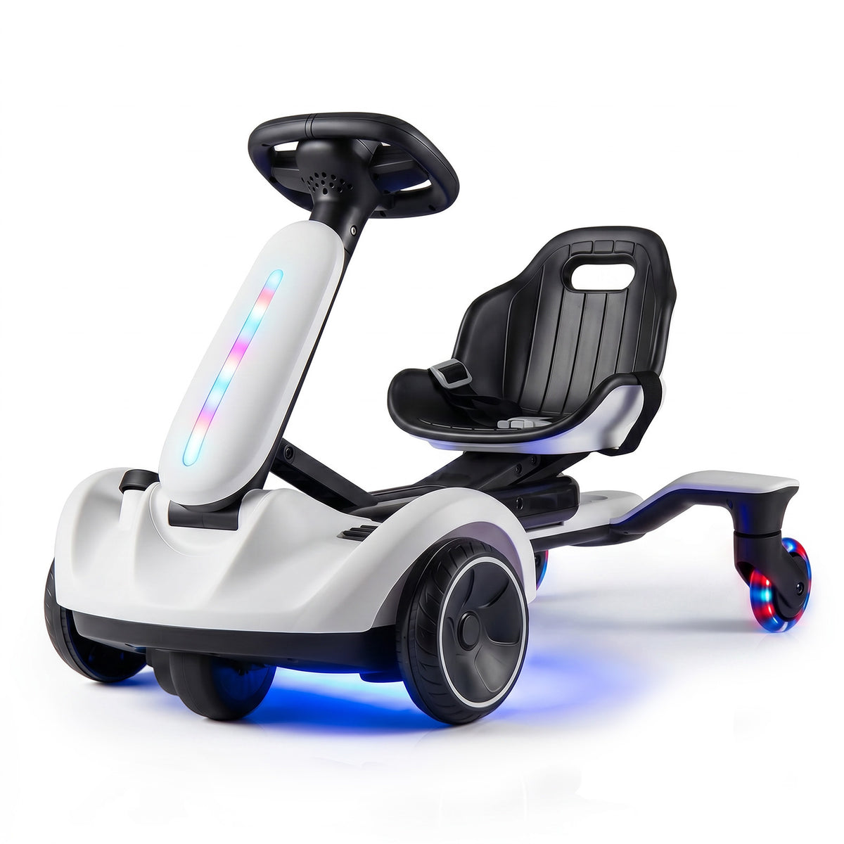 The white kids electric car viewed from the side showing the seat and wheels