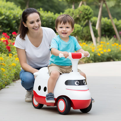 A mother and child enjoy the white push car with red accents in a garden setting