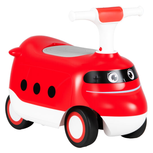 Ride on Push Car, a red and white toy car with black eyes and a white handle