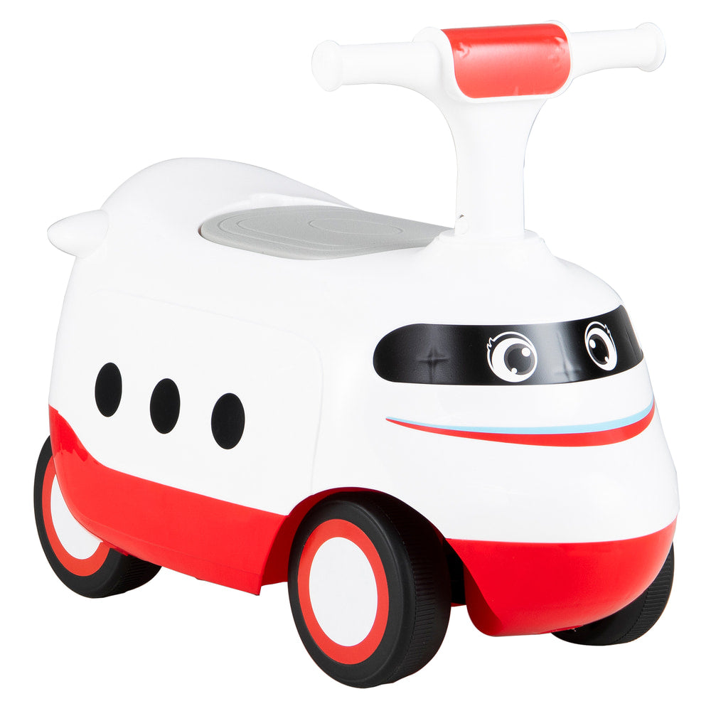 Ride on Push Car for toddlers in white with red accents and a smiling face design