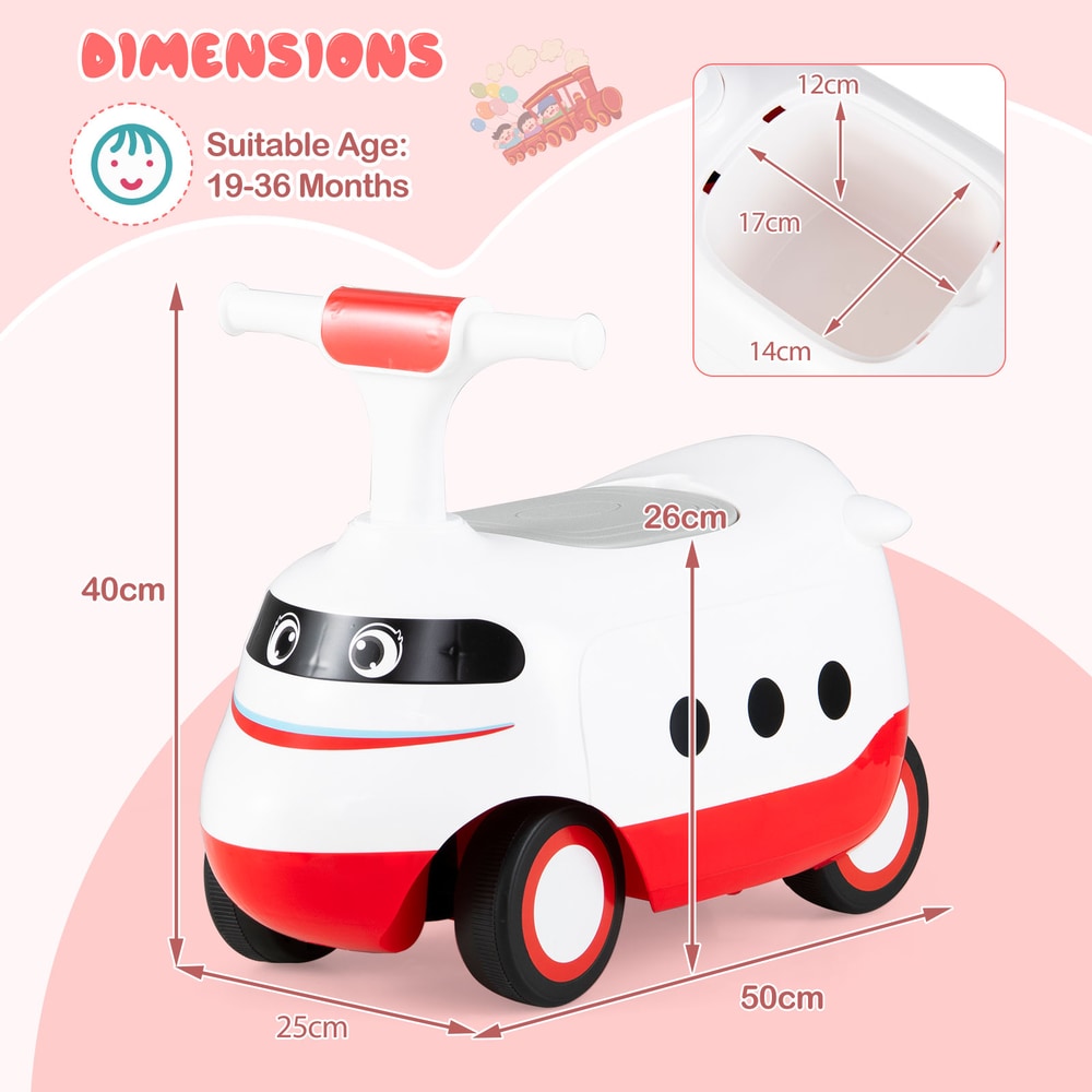 Dimensions diagram for the white push car with red accents