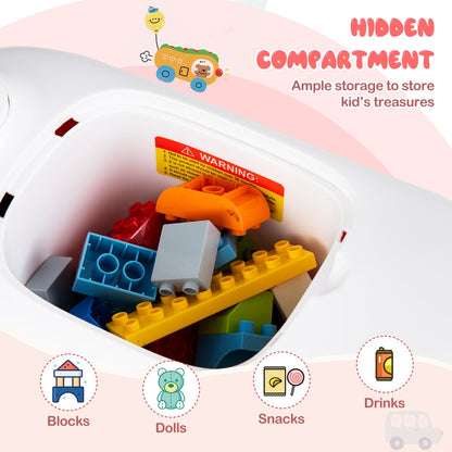 Open storage compartment of the push car filled with toys