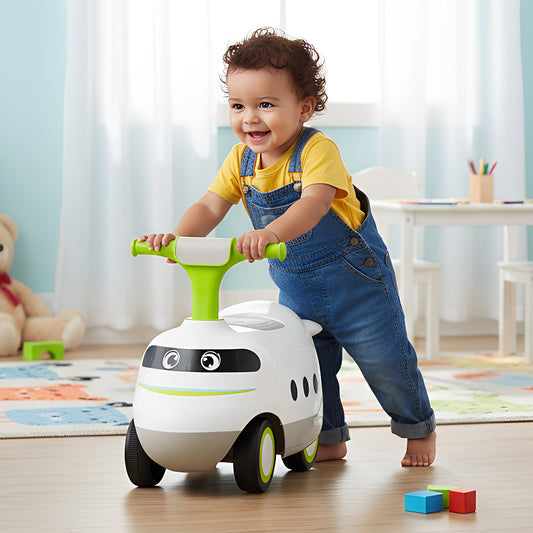 A happy toddler pushing the ride on push car along a wooden floor indoors