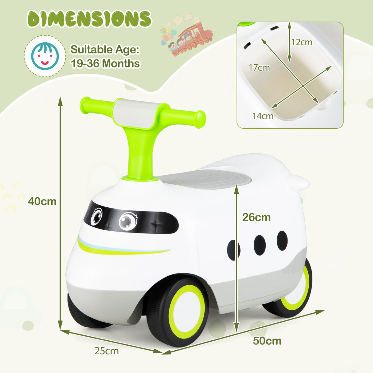 Dimensions diagram for the ride on push car showing height width and length