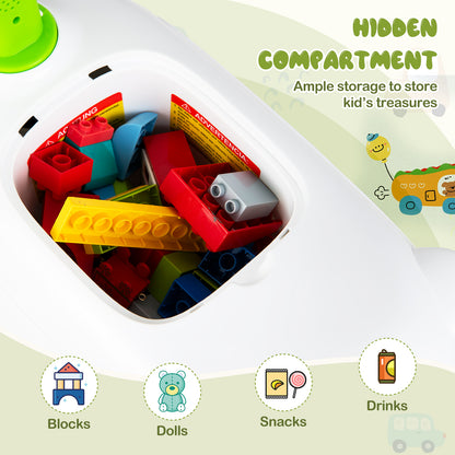 Open storage compartment of the ride on push car filled with colourful building blocks