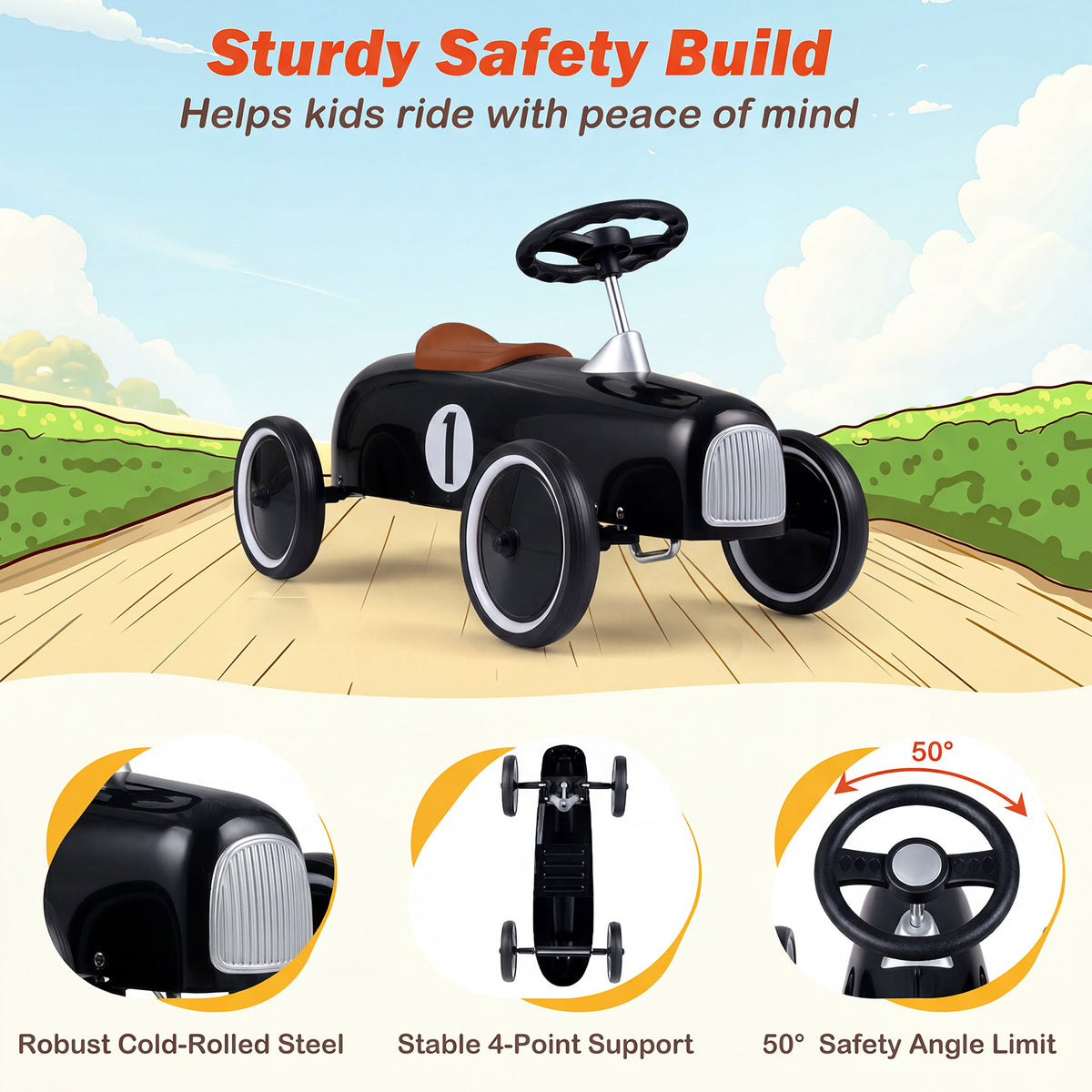 Collage showing the black push and pedal ride on toy, its grille, base and steering wheel